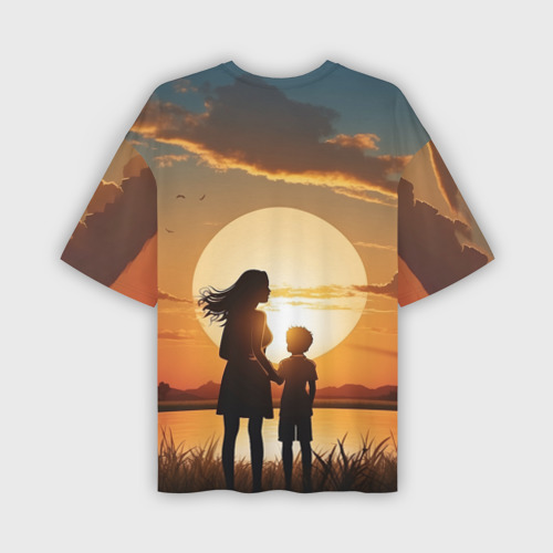 Мужская футболка oversize 3D Мать и дитя на закате, цвет 3D печать - фото 2