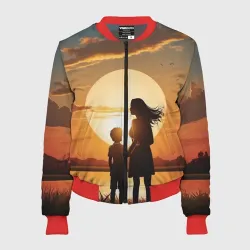 Женский бомбер 3D Мать и дитя на закате
