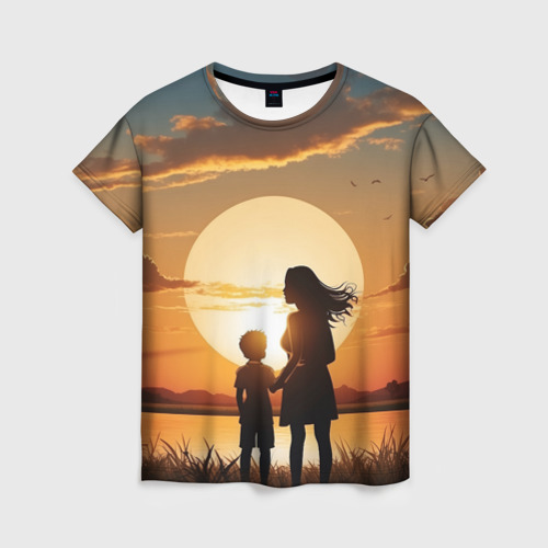 Женская футболка 3D с принтом Мать и дитя на закате, вид спереди #2