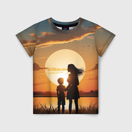 Детская футболка 3D Мать и дитя на закате, цвет 3D печать