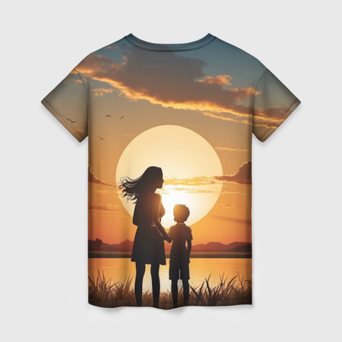 Женская футболка 3D с принтом Мать и дитя на закате, вид сзади #1