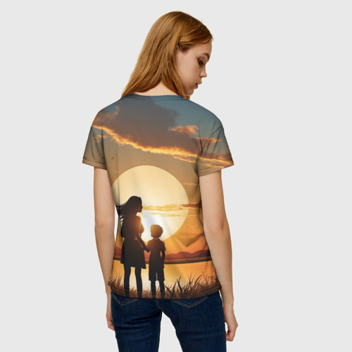 Женская футболка 3D с принтом Мать и дитя на закате, вид сзади #2