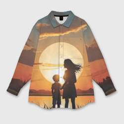 Женская рубашка oversize 3D Мать и дитя на закате
