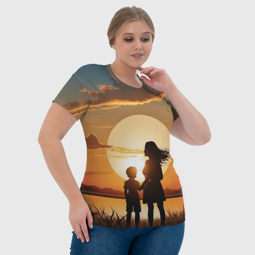 Женская футболка 3D с принтом Мать и дитя на закате, фото #4