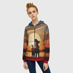 Женская толстовка 3D на молнии Мать и дитя на закате - фото 2