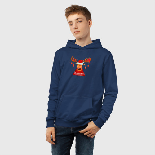 Детская толстовка хлопок Новогодний олень в свитере, цвет темно-синий - фото 6