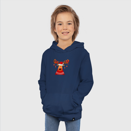 Детская толстовка хлопок Новогодний олень в свитере, цвет темно-синий - фото 5