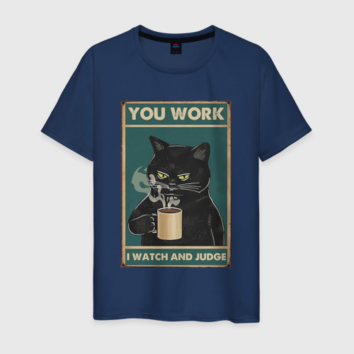 Мужская футболка хлопок с принтом Суровый кот начальник, вид спереди #2