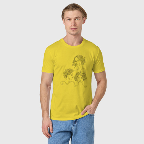 Мужская футболка хлопок Три девушки с цветами лайн арт, цвет желтый - фото 3