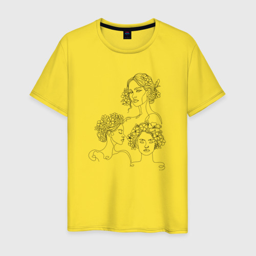 Мужская футболка хлопок Три девушки с цветами лайн арт, цвет желтый