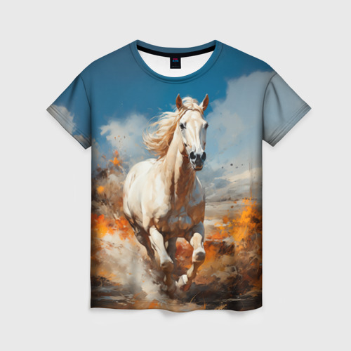 Женская футболка 3D с принтом Белая лошадь скачет в поле, вид спереди #2