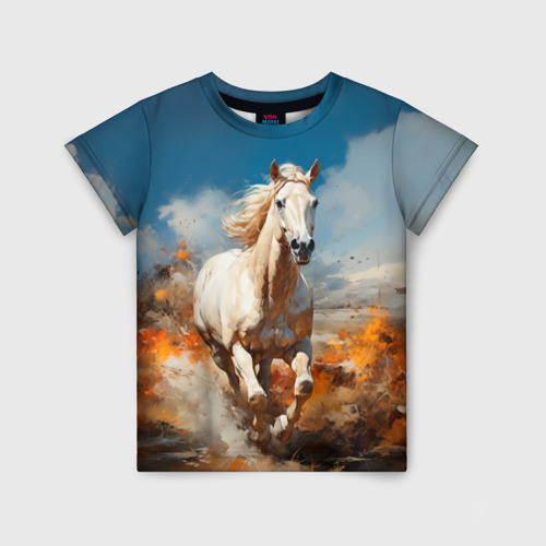 Детская футболка 3D с принтом Белая лошадь скачет в поле, вид спереди #2