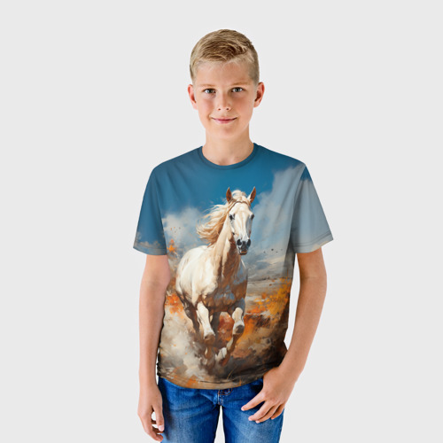 Детская футболка 3D с принтом Белая лошадь скачет в поле, фото на моделе #1