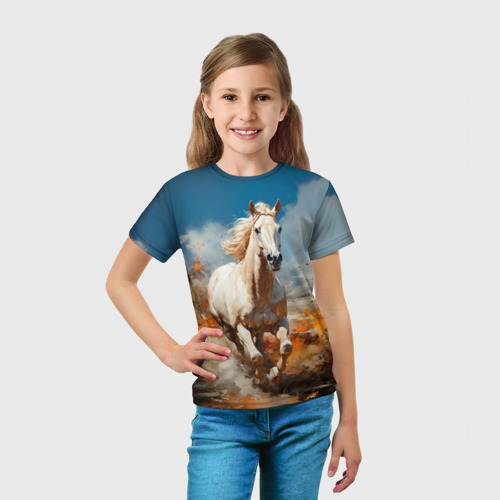 Детская футболка 3D с принтом Белая лошадь скачет в поле, вид сбоку #3