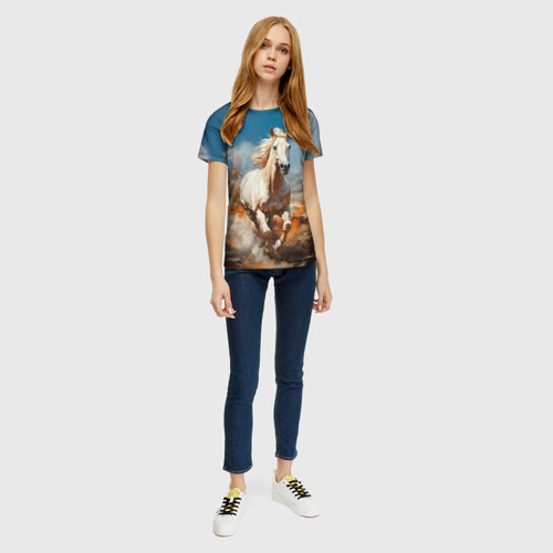 Женская футболка 3D с принтом Белая лошадь скачет в поле, вид сбоку #3