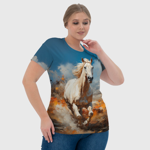 Женская футболка 3D с принтом Белая лошадь скачет в поле, фото #4