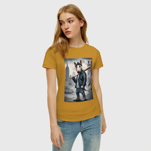 Женская футболка хлопок с принтом Булли с битой на своём районе, фото на моделе #1
