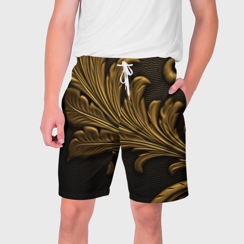 Мужские шорты 3D с принтом Золотые узоры листья объемные, вид спереди #2