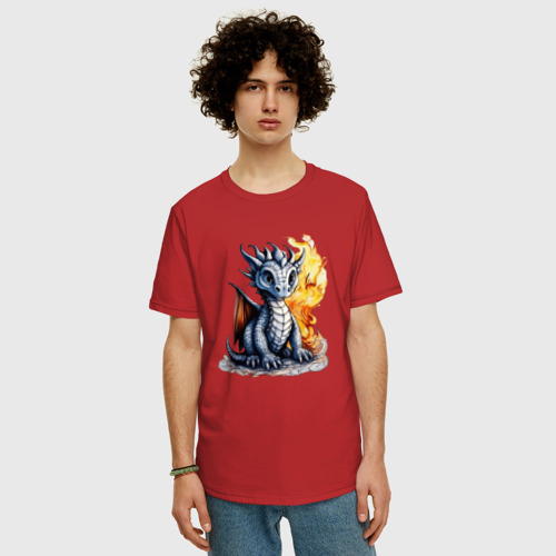 Мужская футболка хлопок Oversize с принтом Пламенный дракончик, фото на моделе #1