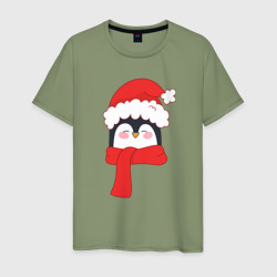 Мужская футболка хлопок Новогодний пингвин в шапке Деда Мороза