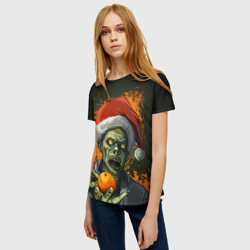 Женская футболка 3D с принтом Новогодний зомби, фото на моделе #1
