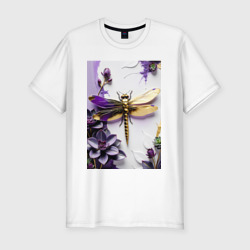 Мужская футболка хлопок Slim Золотая стрекоза среди фиолетовых суккулентов и листьев