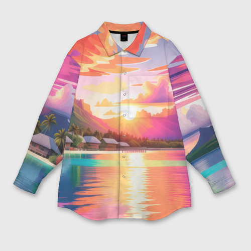 Мужская рубашка oversize 3D с принтом Закат на острове Бора Бора, вид спереди #2