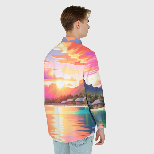 Мужская рубашка oversize 3D с принтом Закат на острове Бора Бора, вид сзади #2