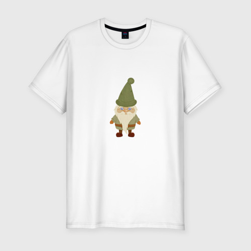 Мужская приталенная футболка из хлопка с принтом Добрый дедушка гном, вид спереди №1