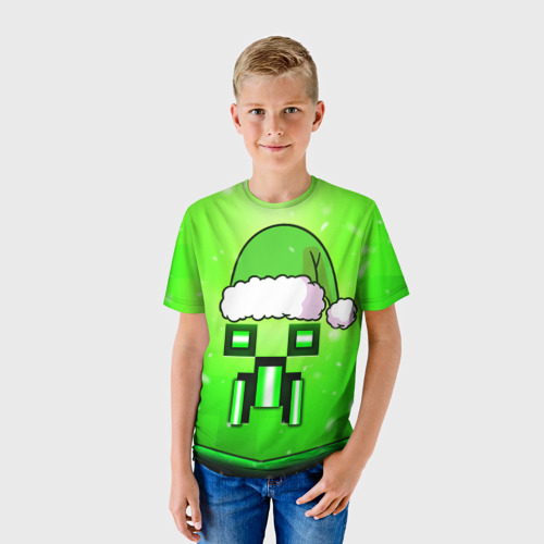 Детская футболка 3D с принтом Майнкрафт новогодний крипер, фото на моделе #1