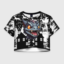 Женская футболка Crop-top 3D Злой дракон на черном фоне