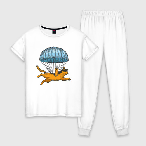 Женская пижама хлопок с принтом Котик парашютист, вид спереди #2