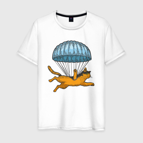 Мужская футболка из хлопка с принтом Котик парашютист, вид спереди №1