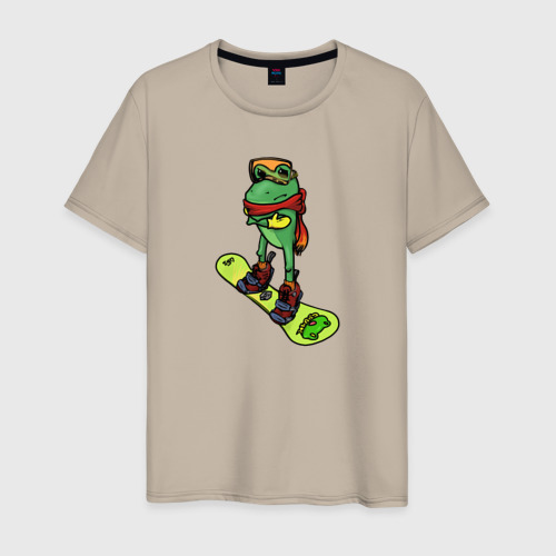 Мужская футболка хлопок Замёрзшая лягушка на сноуборде, цвет миндальный