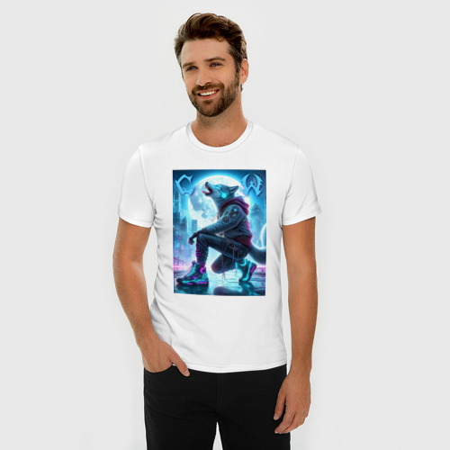 Мужская футболка хлопок Slim Cyber wolf in metropolis - ai art, цвет белый - фото 3