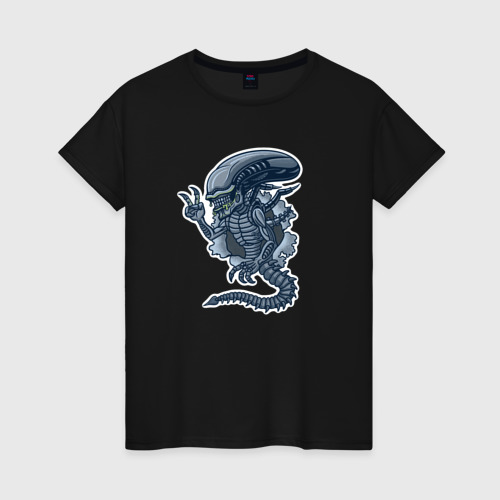 Женская футболка хлопок с принтом Чужой инопланетянин из порванной дыры, вид спереди #2