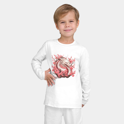 Детская пижама с лонгсливом хлопок с принтом Драконы и сакура, фото на моделе #1