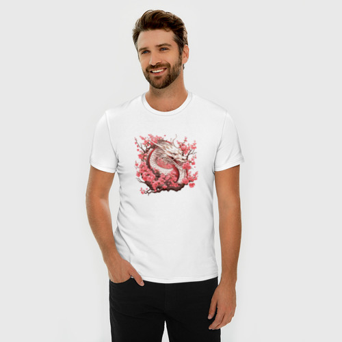 Мужская футболка хлопок Slim с принтом Драконы и сакура, фото на моделе #1