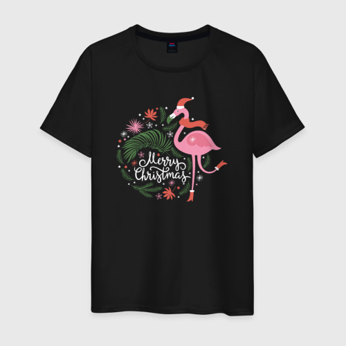 Мужская футболка хлопок Рождественский фламинго, цвет черный