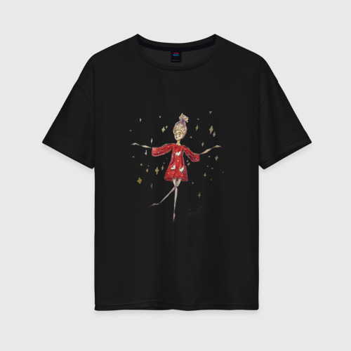 Женская футболка хлопок Oversize Балерина с сердцами, цвет черный