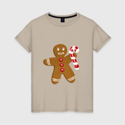 Женская футболка хлопок Пряничный человечек с тростью рождественский