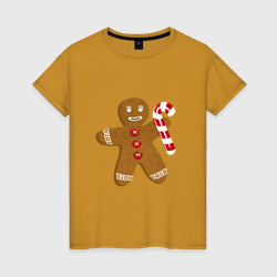 Женская футболка хлопок Пряничный человечек с тростью рождественский