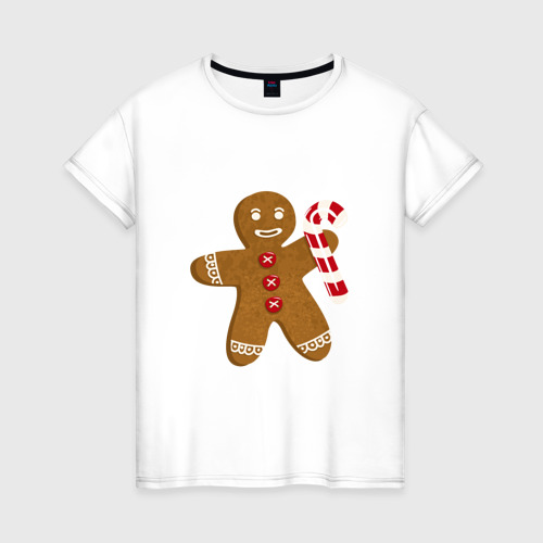 Женская футболка из хлопка с принтом Пряничный человечек с тростью рождественский, вид спереди №1