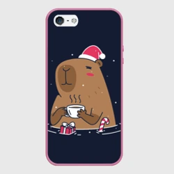 Чехол для iPhone 5/5S матовый Новогодняя капибара с кофе