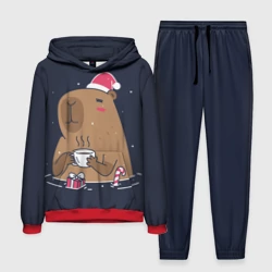 Мужской костюм с толстовкой 3D Новогодняя капибара с кофе