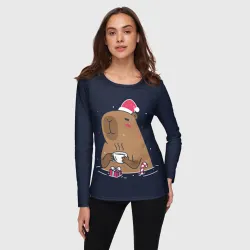 Женский лонгслив 3D Новогодняя капибара с кофе - фото 2