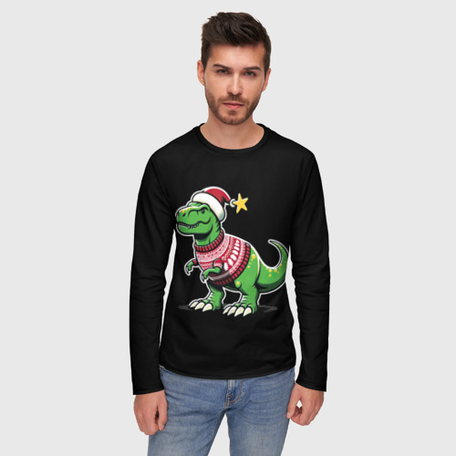 Мужской лонгслив 3D Динозавр в рождественнском свитере, цвет 3D печать - фото 3