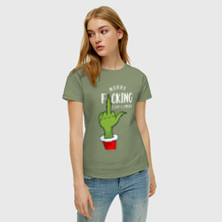 Женская футболка хлопок Гринч показывает рождественский фак - фото 2