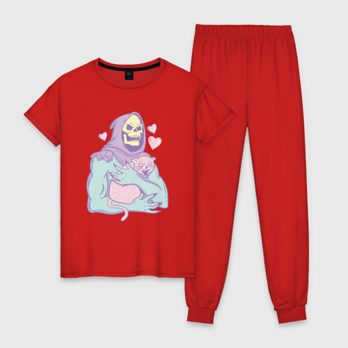 Женская пижама хлопок Скелетор с котом, цвет красный
