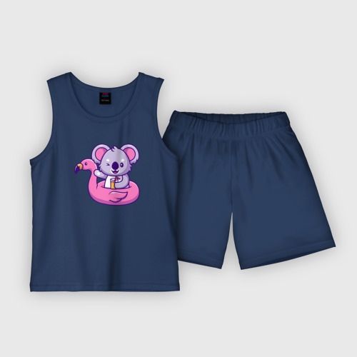 Детская пижама с шортами хлопок Коала и фламинго, цвет темно-синий